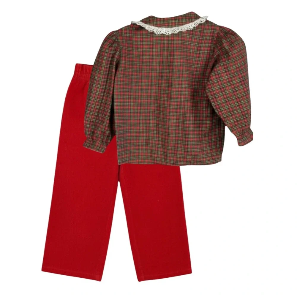 VTG Health-Tex Outfit Set RED CORDUROY PANTS Plaid Shirt w/Lace Collar Hearts 2T